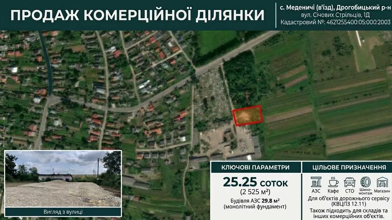 Ділянка 25 соток, Меденичі: дорожній сервіс, будівля 29,8 м²