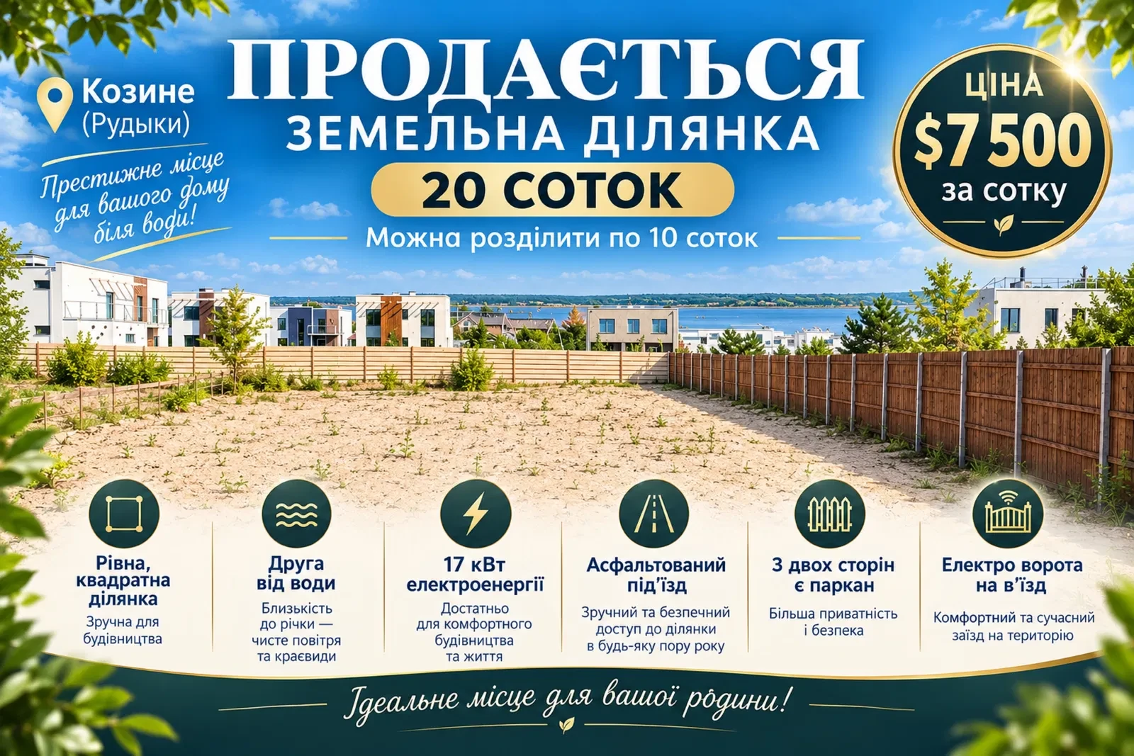 Ділянка 20 соток, Козин (Рудики): друга від річки Козин, електрика 20 кВт
